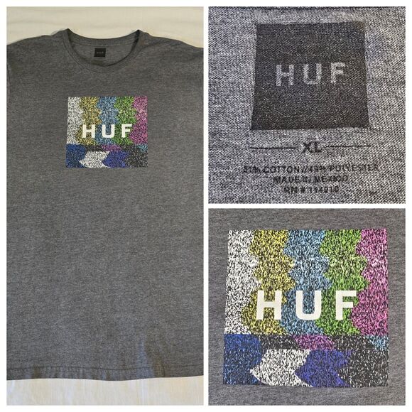 HUF Worldwide Colorful TV Static Box Logo Shirt Mens XL Skateboarding Gray Tee - Picture 1 of 9